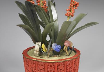 图片[3]-Artificial rohdea plant in a carved lacquer pot, Qing dynasty (1644-1911).-China Archive